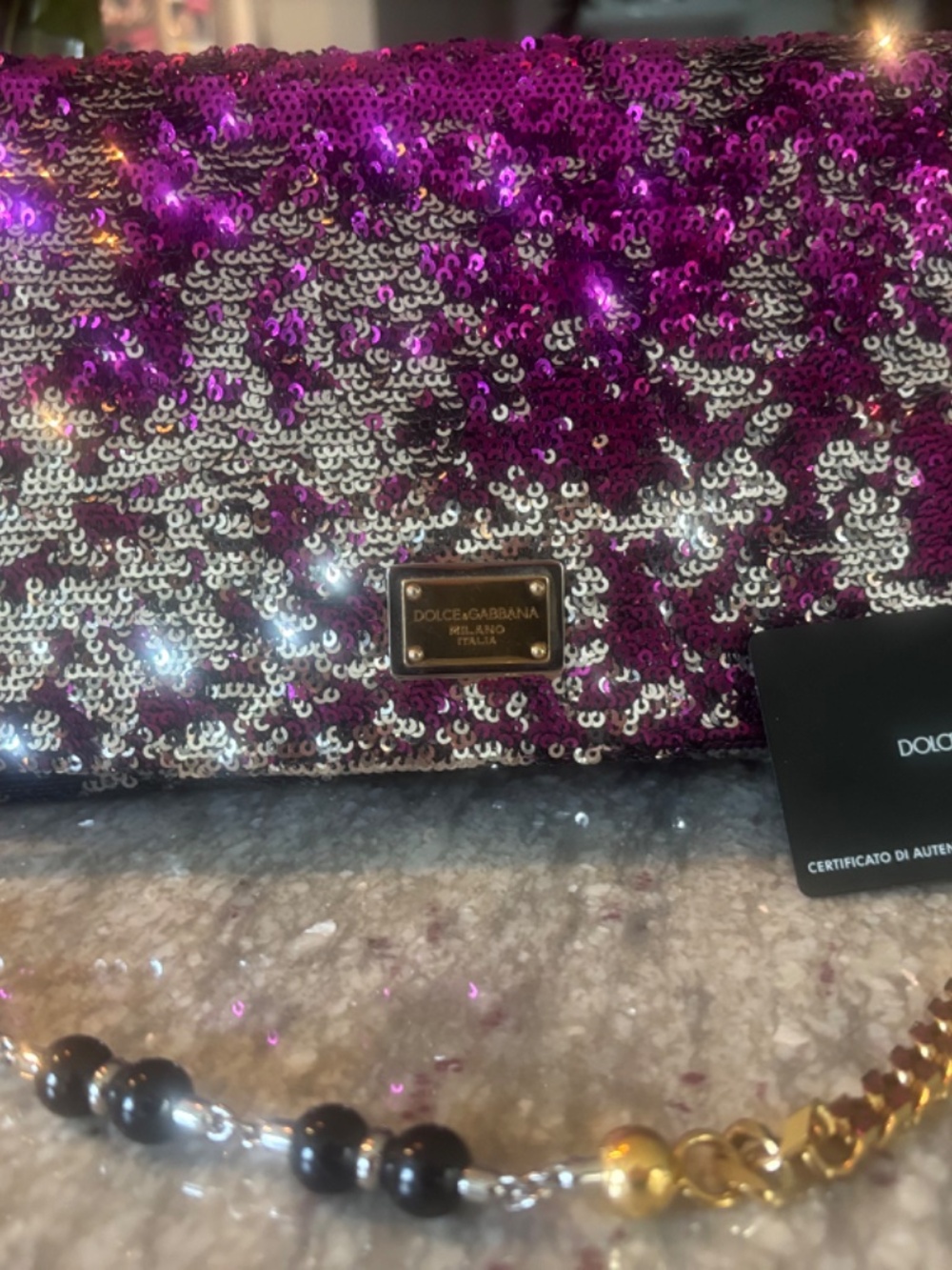 DOLCE & GABBANA Purple/Silver Reversible Sequin Flap Clutch Bag- AUTH